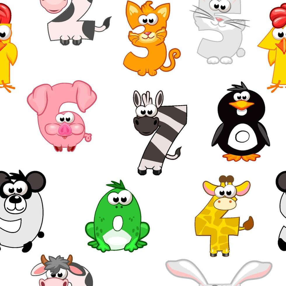 Seamless pattern with Numbers like animals. Collection of numbers with a animal concept. Calligraphy, lettering, typography, print, Education or game vector