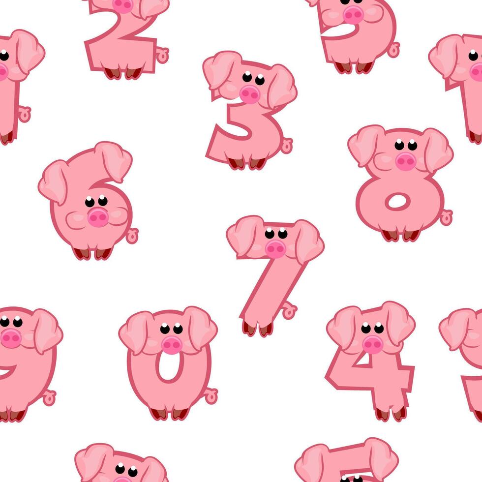 Seamless pattern with numbers like Pigs from 0 to 9. Collection of numbers with a animal concept. Calligraphy, lettering, typography, print, Education or game vector