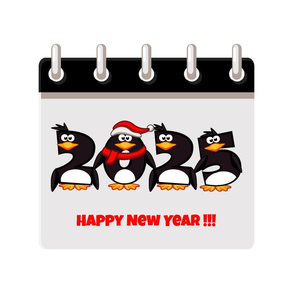 Calendar page of 2025-Happy New Year with penguin numbers. Calendar Date. Cartoon illustration vector