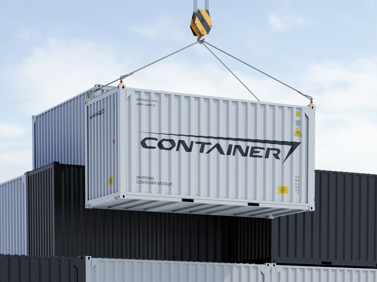 Shipping Container 3D Render Mockup with Hook Crane psd
