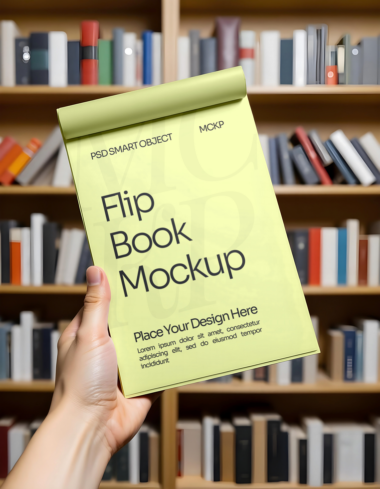 Hand holding a notebook mockup on a library Background psd