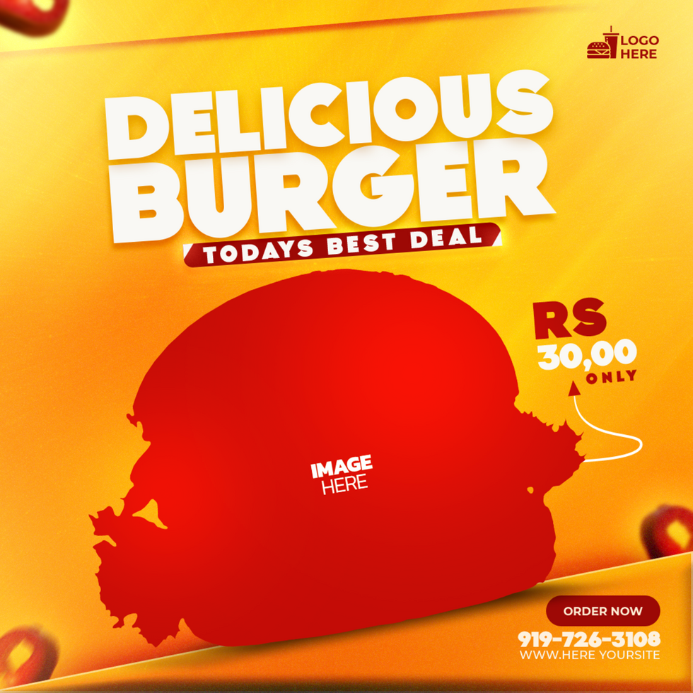 A poster for delicious burger with a red background psd