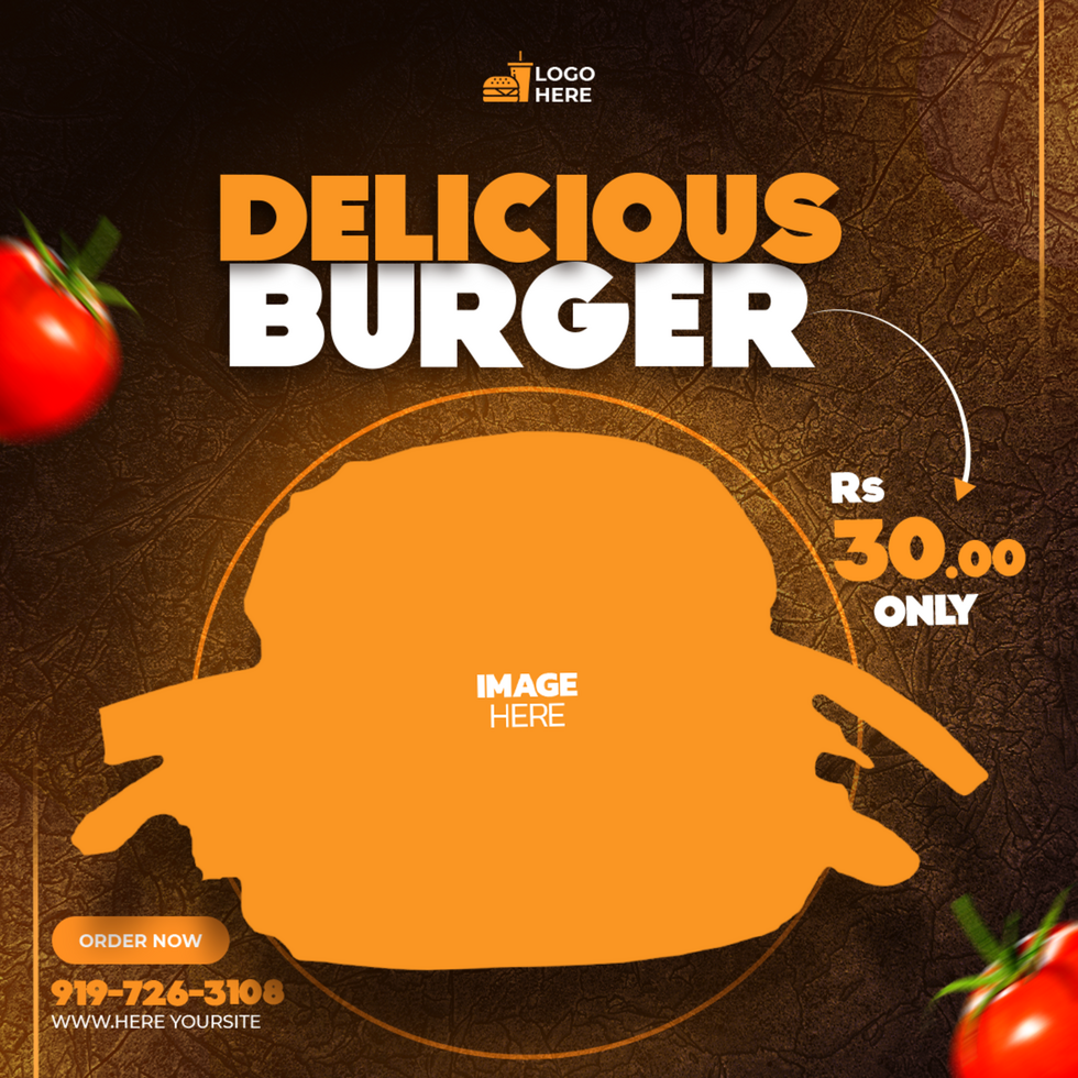 Delicious burger ad with a picture of a burger and tomatoes psd