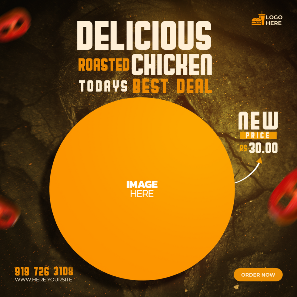 A poster for delicious roasted chicken with a circle in the middle psd