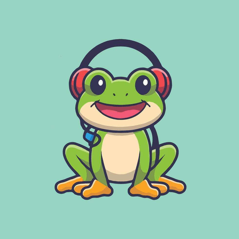 Cute smart frog listening music cartoon icon illustration vector
