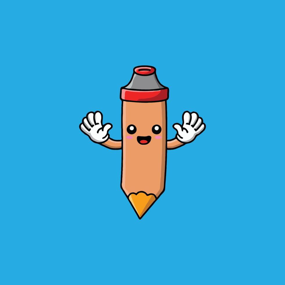 Cute pencil waving hands cartoon icon illustration vector