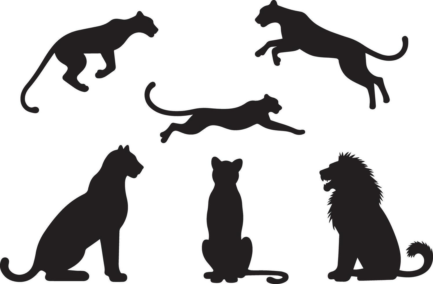 Silhouettes of various big tiger, lion design vector