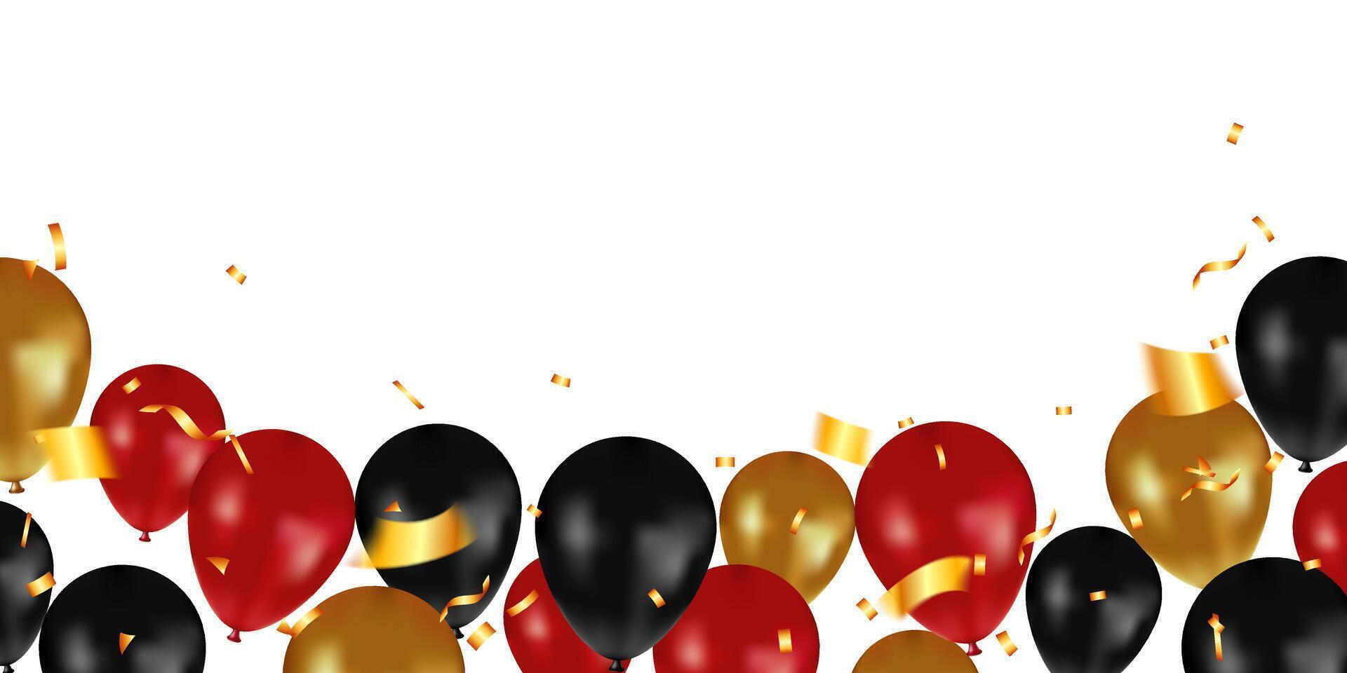 Red, black and gold glossy realistic balloons and golden confetti on background vector