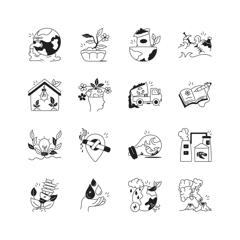 This vibrant icon set depicts various aspects of environmentalism vector