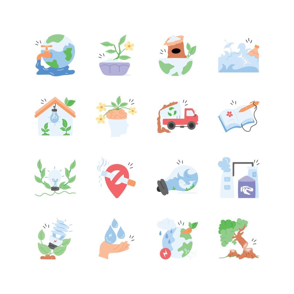 This vibrant icon set depicts various aspects of environmentalism vector