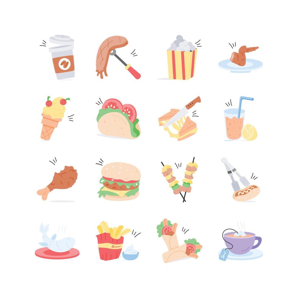 This playful set of flat design icons features a variety of tasty treats, perfect for food blogs vector