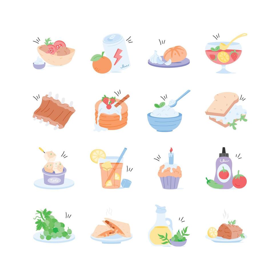 Vibrant illustrations of various foods and beverages, ideal for menus, recipes, and culinary themed designs vector