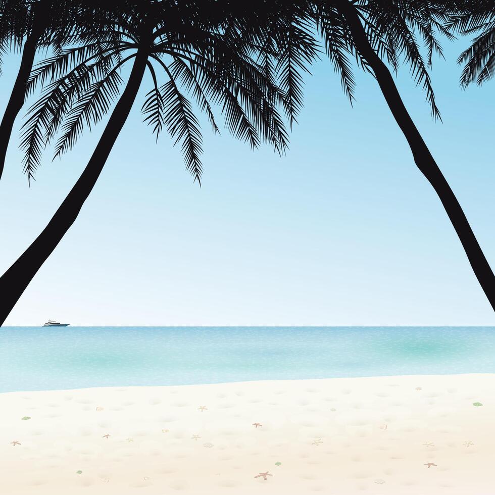 Minimalist seascape with silhouette palm trees at the beach have blue sky square background graphic illustration. vector