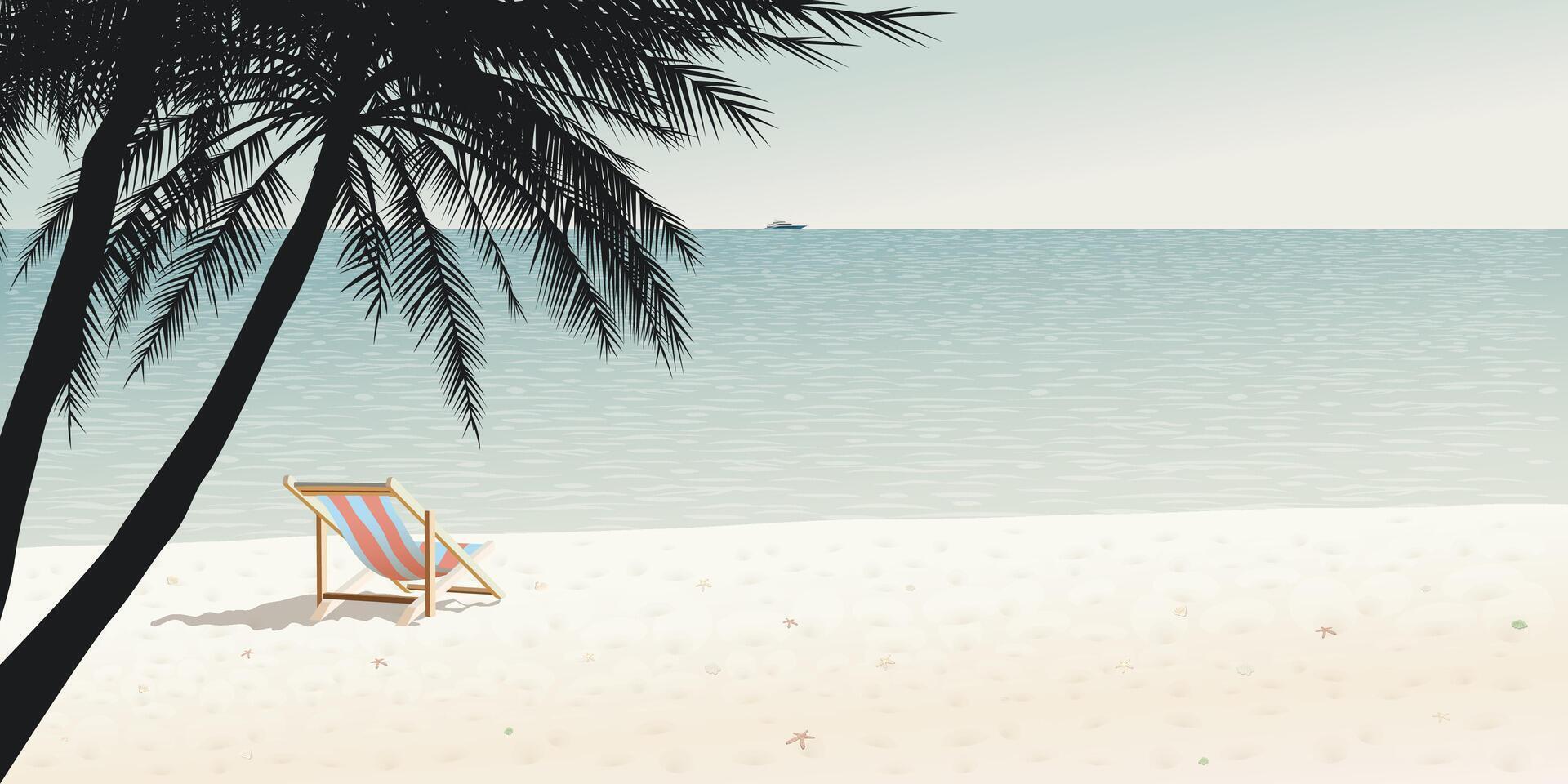 Minimalist seascape with silhouette palm trees and beach chair at the beach graphic illustration have blank space. vector