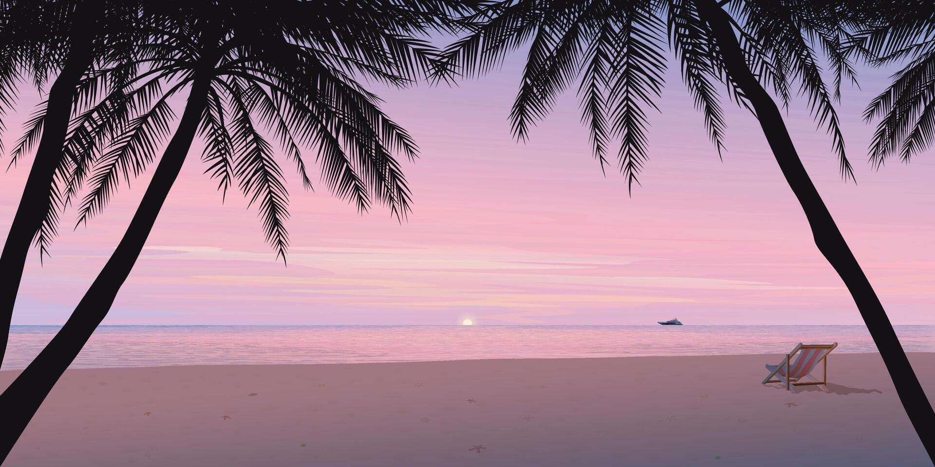 Minimalist sunset seascape with silhouetted palm trees, beach chair and twilight sky background graphic illustration have blank space. vector
