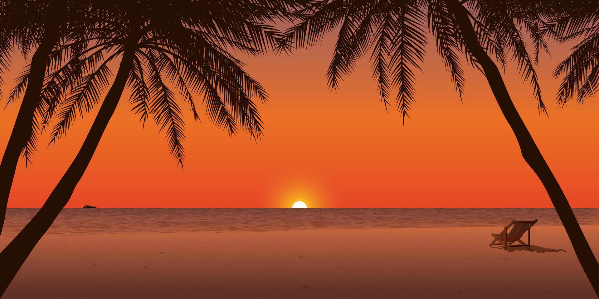 Minimalist sunset seascape with silhouetted palm trees, beach chair and twilight sky background graphic illustration have blank space. vector