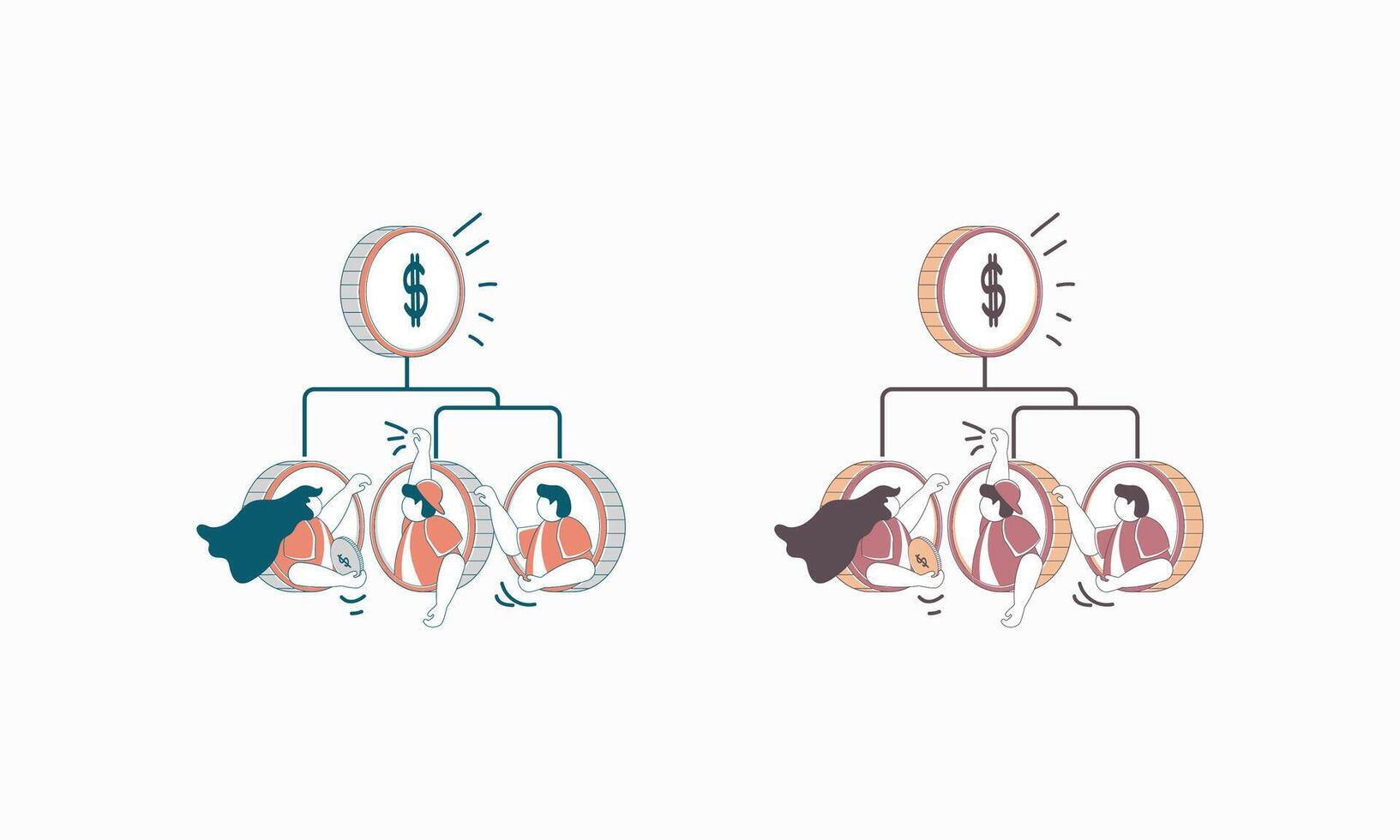 Two teams of people celebrating success with a large dollar coin at the top of their respective organizational charts vector