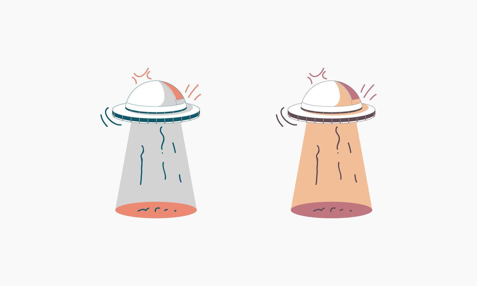Two Cartoon UFOs with Beams of Light and Birds Flying Below vector