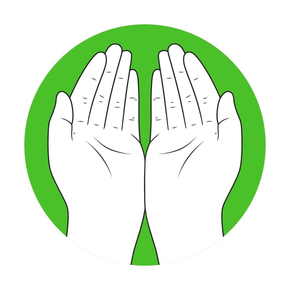 Illustration of two hands in prayer with a green circular background, black line art with white skin tone vector