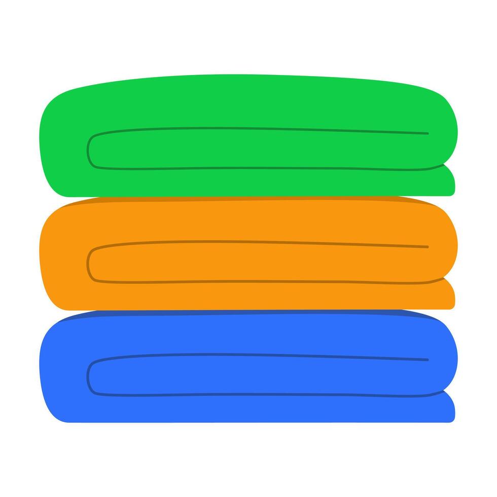 A stack of three folded towels in green, orange and blue, isolated on white background, illustration vector