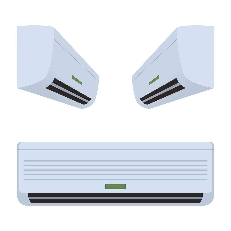 Three air conditioners in different positions, side view and front view, isolated on a white background, illustration, device for controlling room temperature vector