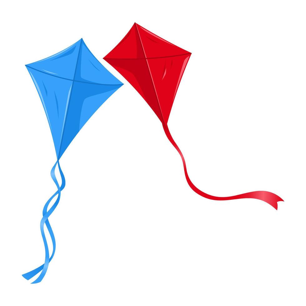 Two kites in red and blue are flying. Isolated on white background, illustration vector