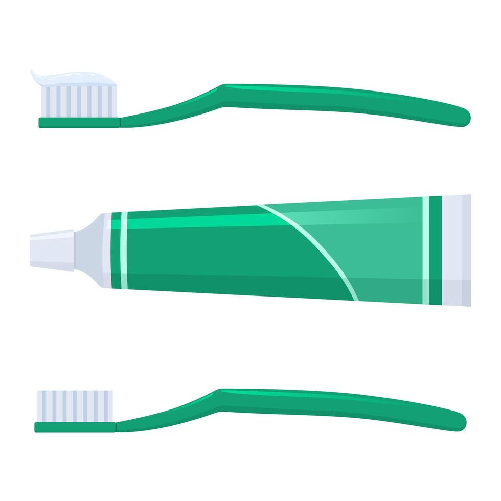 Illustration of a toothbrush with and without toothpaste, along with a toothpaste tube, isolated on a white background. Set design in green vector