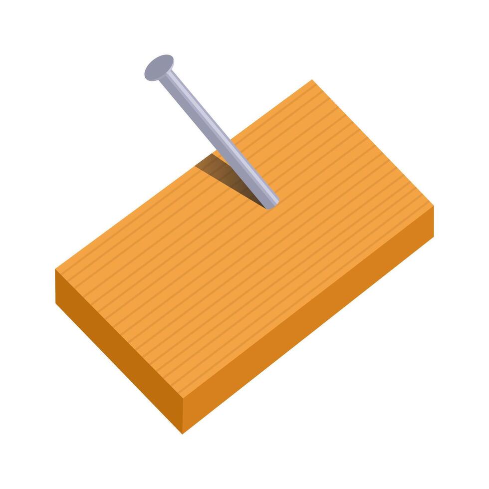 Illustration of a single nail stuck in a wooden board, with a shadow behind the nail. Isolated on a white background vector