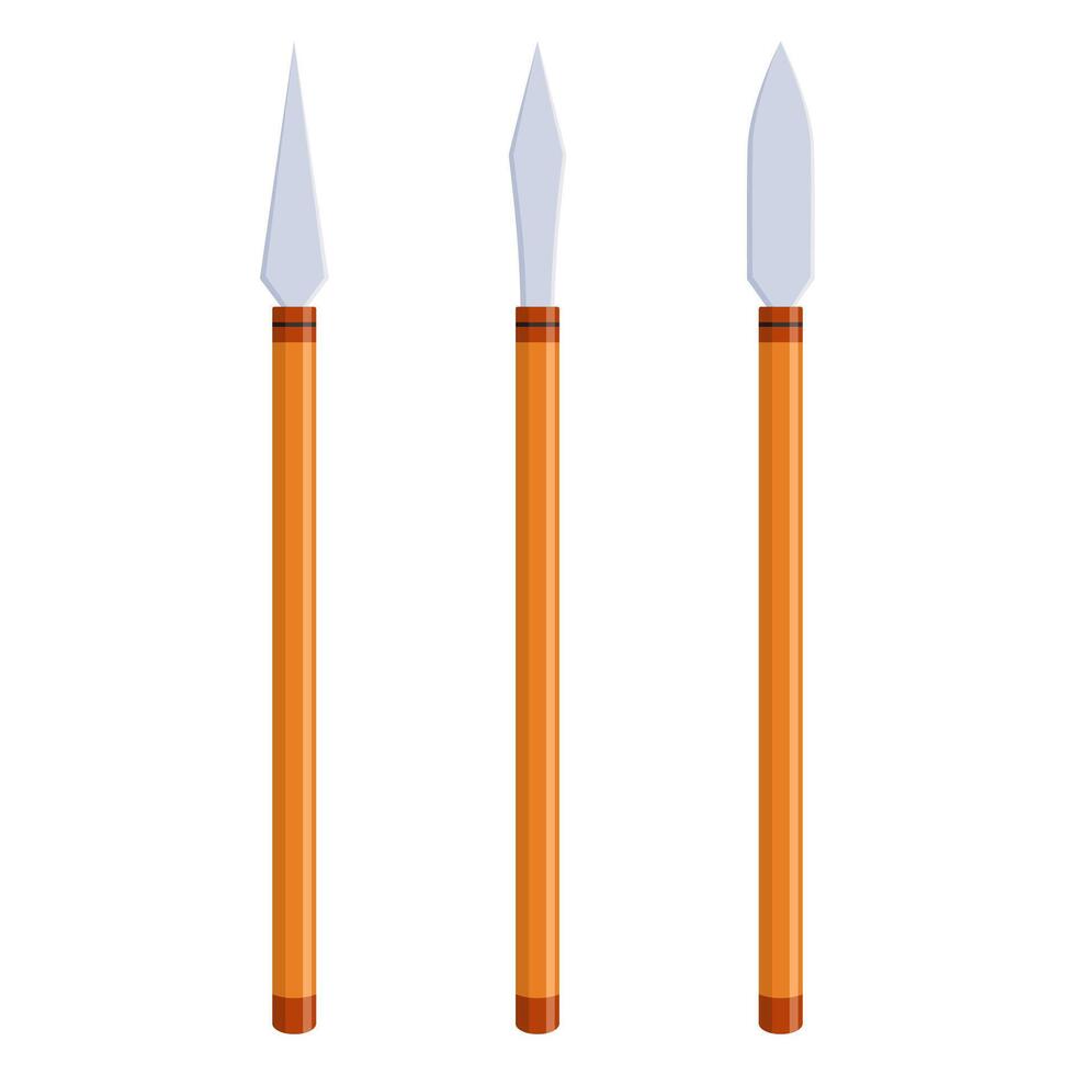 Three spears with differently shaped tips. The spears are standing with wood as the handle, isolated on a white background vector