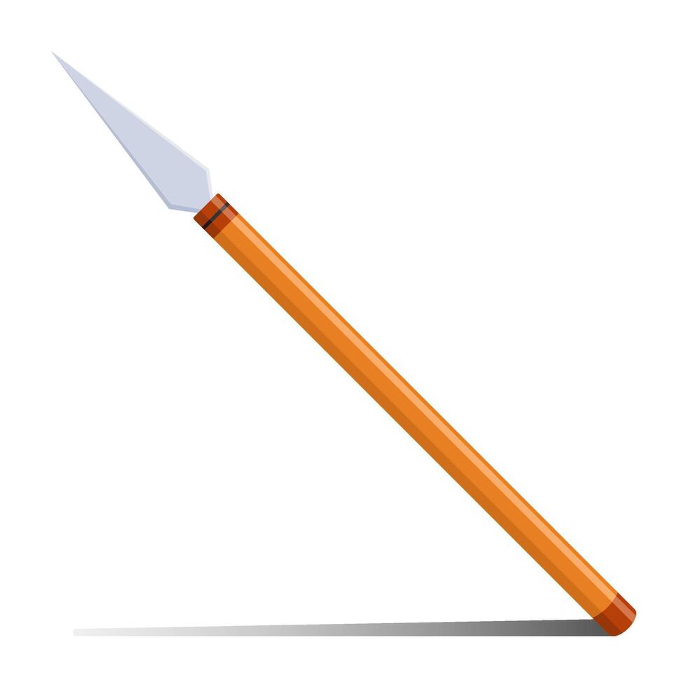 A sharp spear with a shadow underneath it. The spear has wood as the handle, isolated on a white background vector