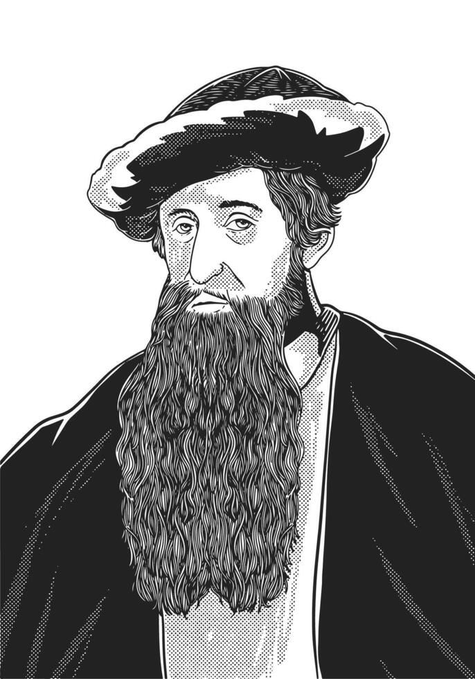 Johannes Gutenberg 1400-1468 face drawing. Revolutionized printing. Black and white historical engraving. vector