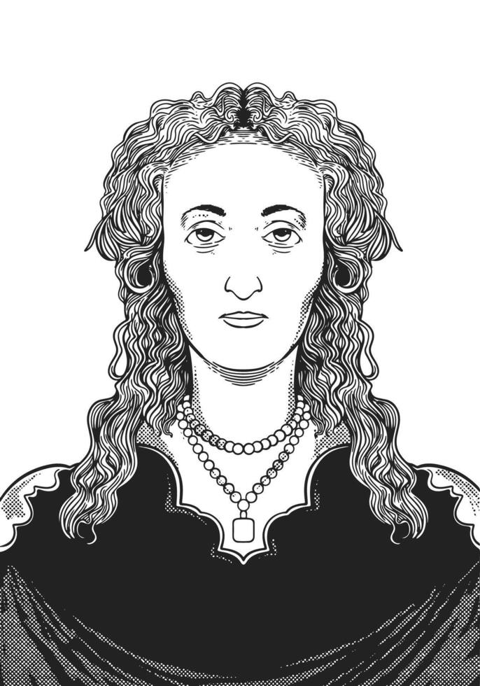 Queen Elizabeth I 1533-1603 face drawing. Defeated Spanish Armada. Black and white historical art. vector