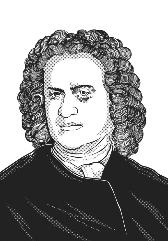 Johann Sebastian Bach 1685-1750 face drawing. Baroque composer. Black and white historical engraving. vector