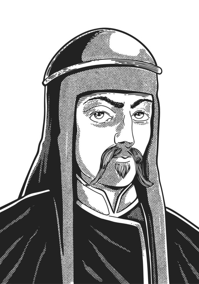 Genghis Khan 1162-1227 face drawing. Mongol leader who built largest empire. Black and white art. vector