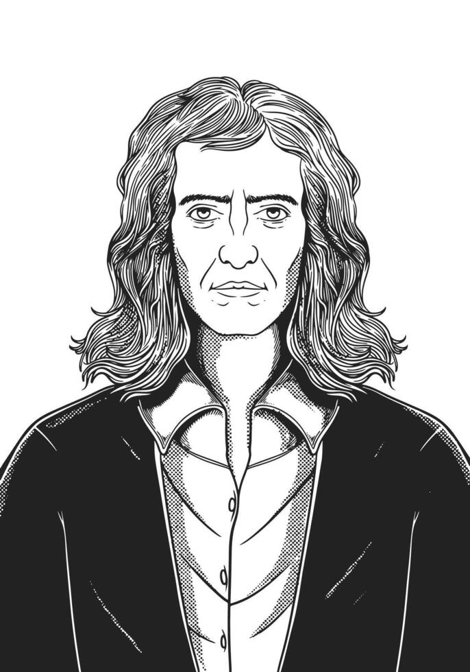 Isaac Newton 1643-1727 face drawing. Physicist known for gravity and motion laws. Black and white art. vector