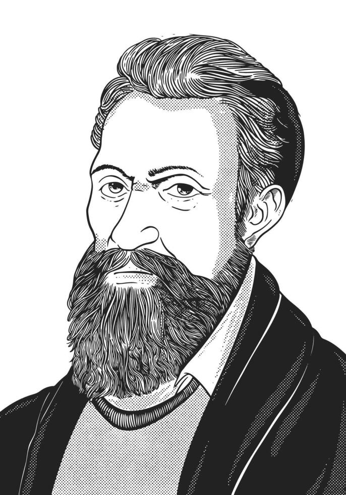 Michelangelo 1475-1564 face drawing. Renaissance artist known for Sistine Chapel. Black and white. vector