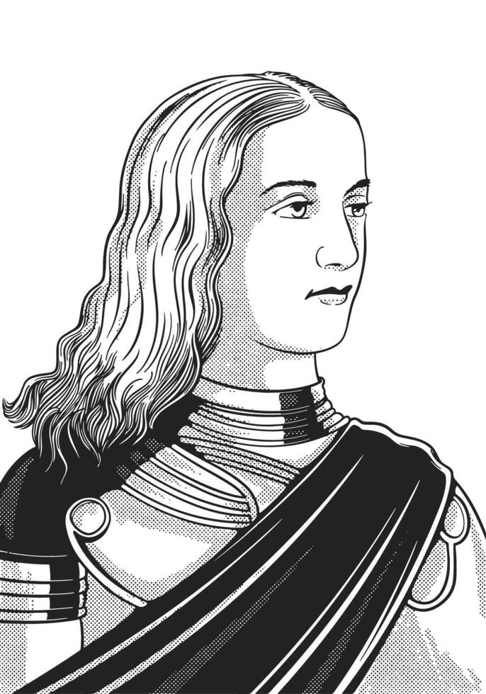 Joan of Arc 1412-1431 face drawing. French heroine from Hundred Years' War. Black and white art. vector