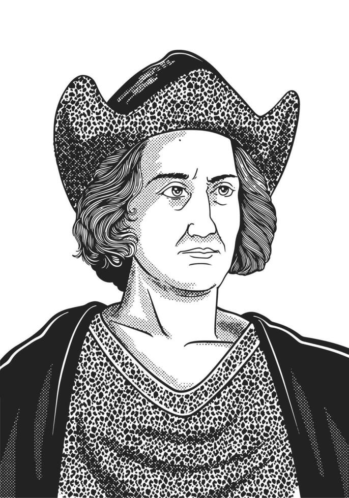 Christopher Columbus 1451-1506 face drawing. Explorer who discovered Americas. Black and white art. vector