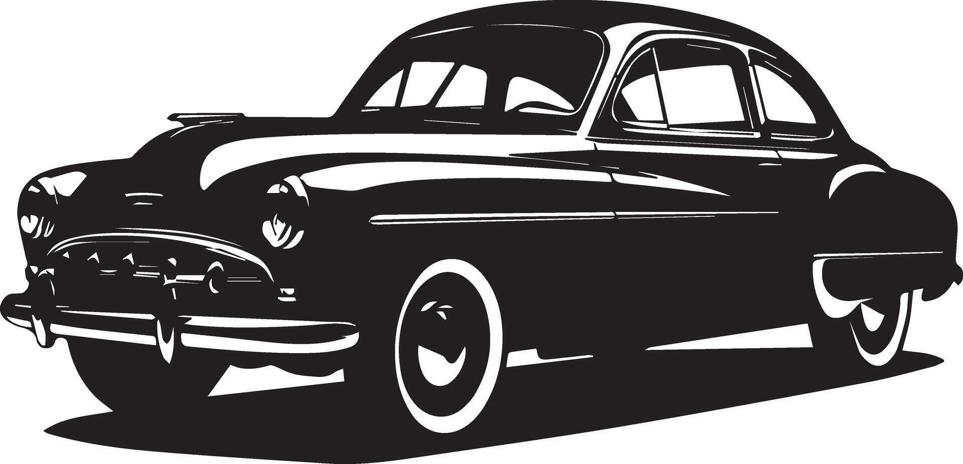 An old car is shown in black and white vector