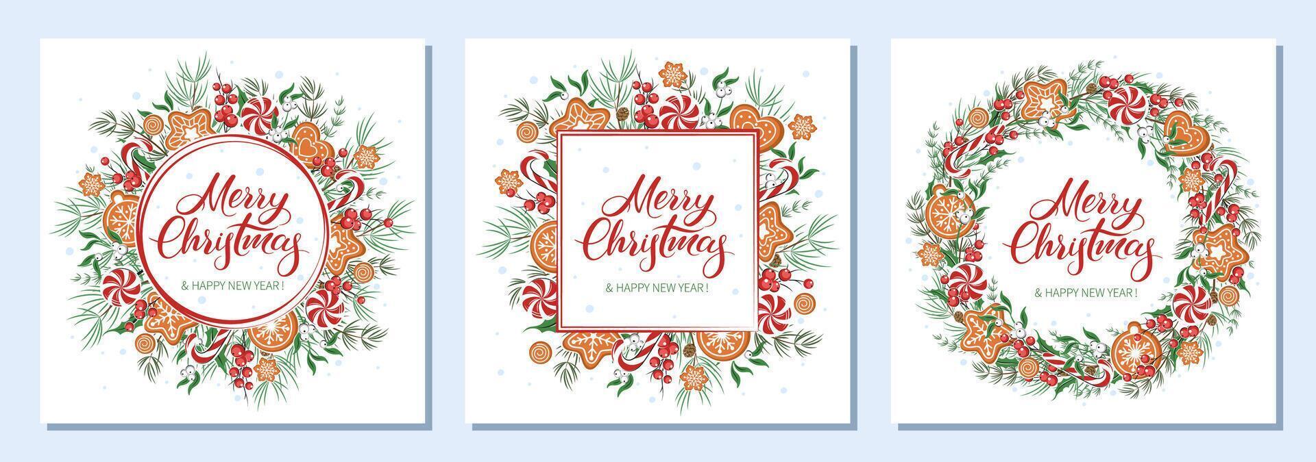 Set cards Merry Christmas and happy new year. Background decorated with different winter plants, cookies and sweets. vector