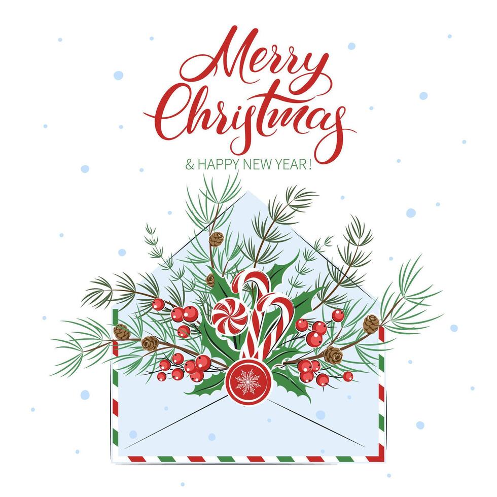 Merry Christmas and a happy new year. Card with with envelope, traditional candies and decorations. Winter holidays design elements. vector