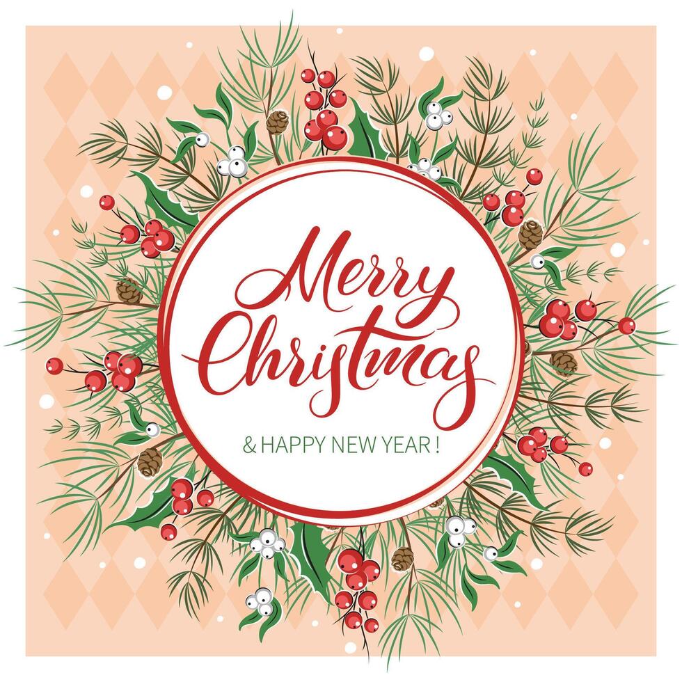 Merry Christmas and a happy new year. Card decorated with different winter plants. vector