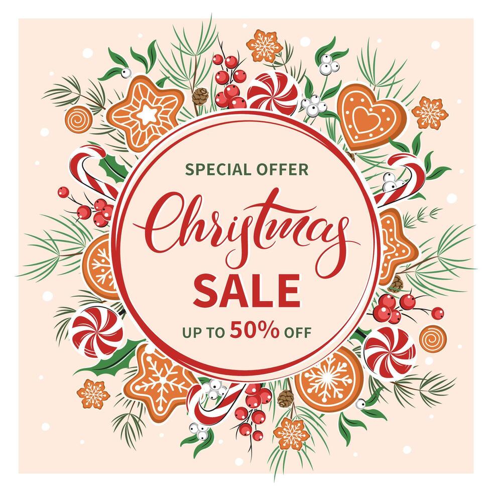 Christmas sale square banner, background decorated with different winter plants, cookies and sweets background. vector