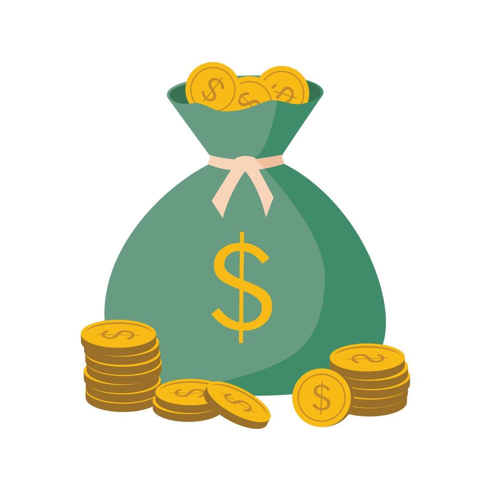 Money bag with money and coins on white. vector