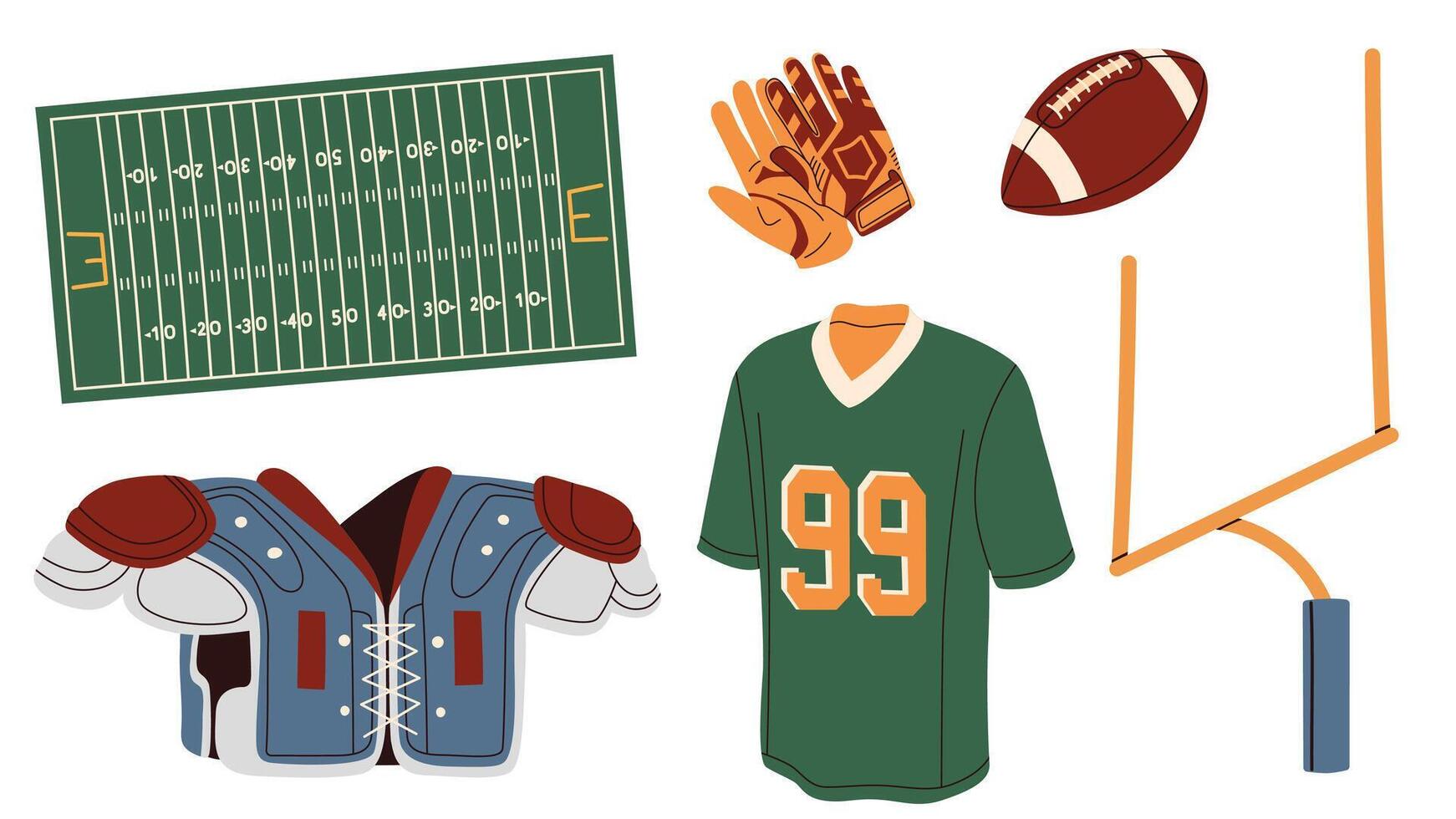 American football elements set. Field goal gate, ball and uniform isolated on white background. vector