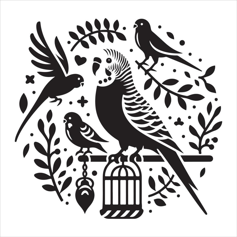 Two birds on a branch with leaves and a black background vector