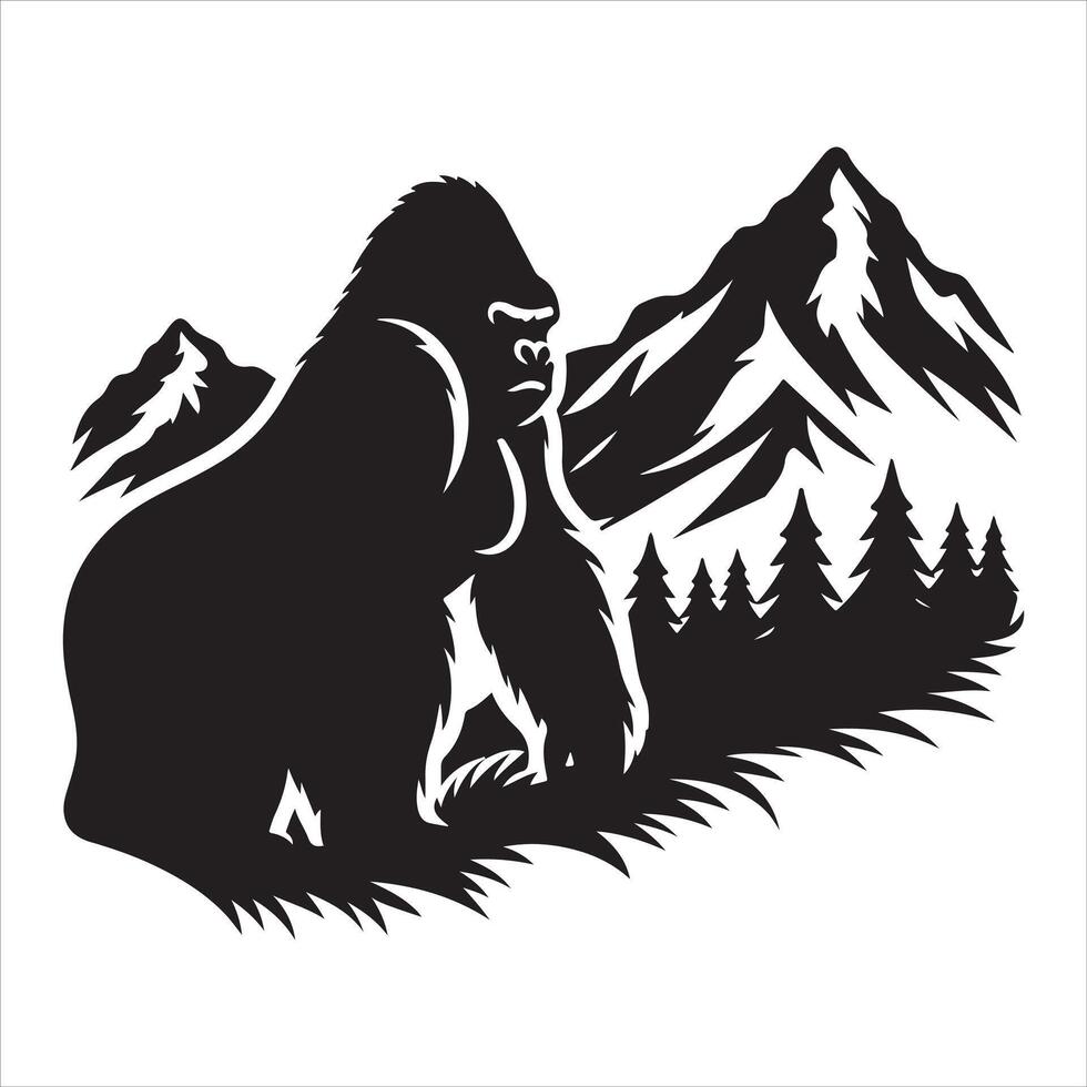 A gorilla in silhouette, sitting on the ground and resting his hands on his knees vector