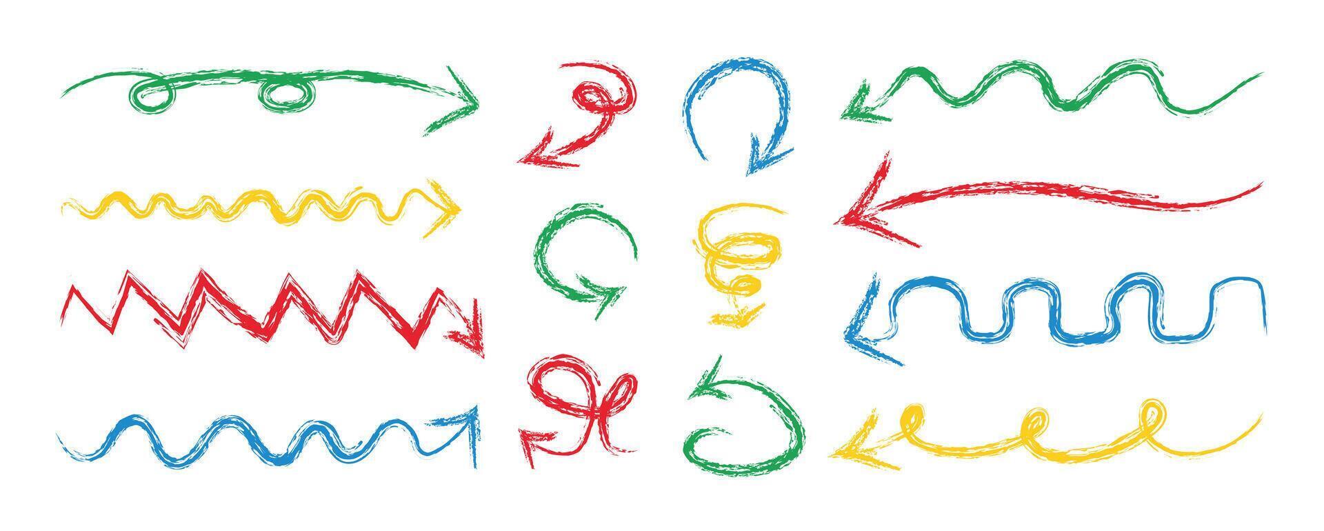 Colorful pencil drawings like children art showcasing various lines and shapes. Multicolor hand drawn arrows vector