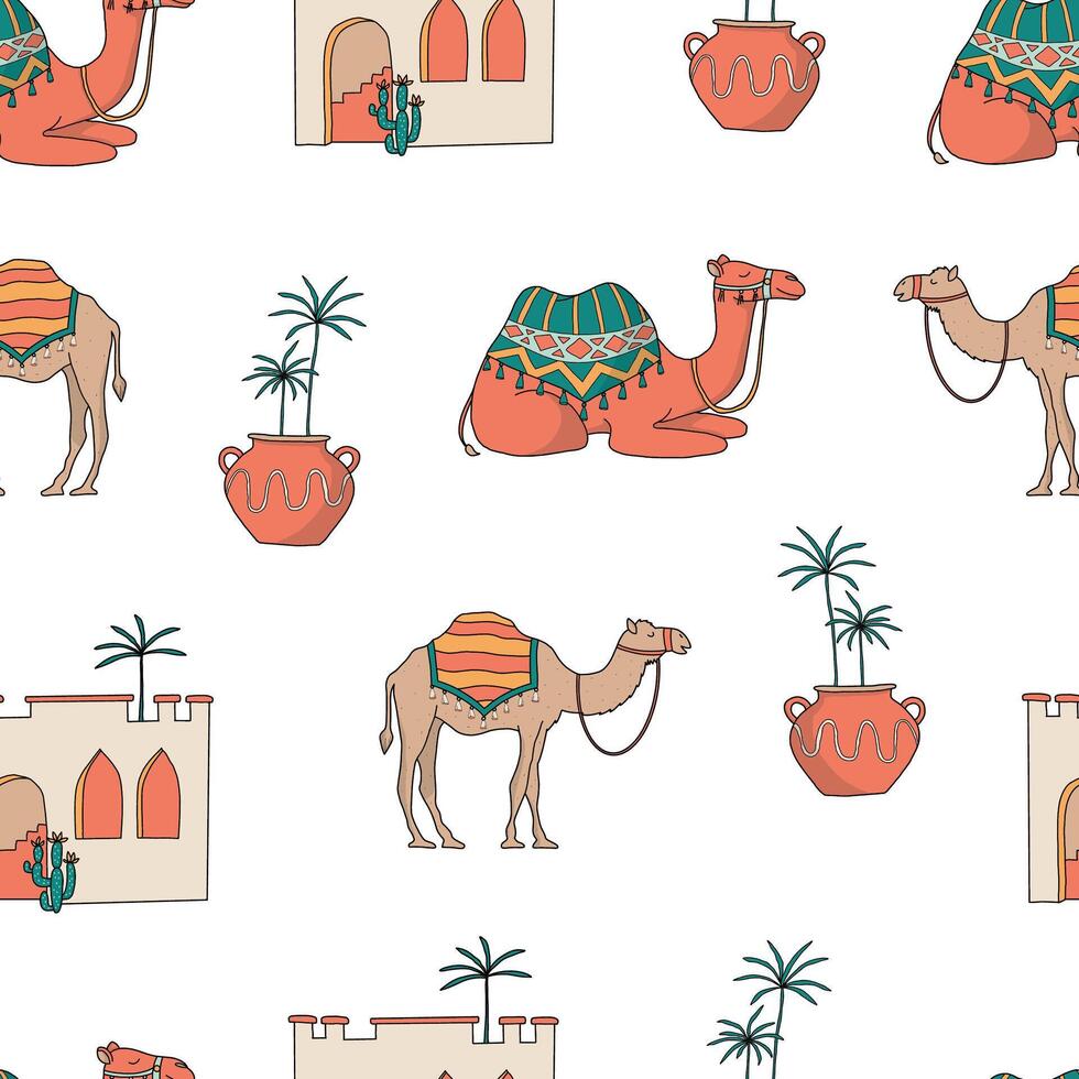 Arabian desert, oasis, middle east travel seamless pattern with doodles of camles, terracotta vases and buildings. Islamic wallpaper, wrapping paper, print. EPS 10 vector