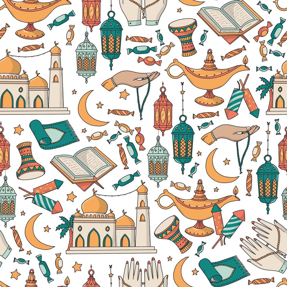 ramadan seamless pattern with doodles, cartoon elements for posters, prints, wallpaper, wrapping paper, textile, packaging, backgrounds, digital paper, scrapbooking, holiday decor, etc. EPS 10 vector
